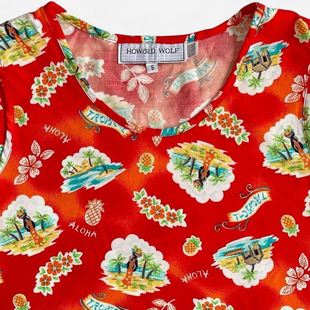 Vintage Howard Wolf Rayon Tropical Red Aloha Hawaiian Hula Dancer Tank Top - Picture 2 of 5